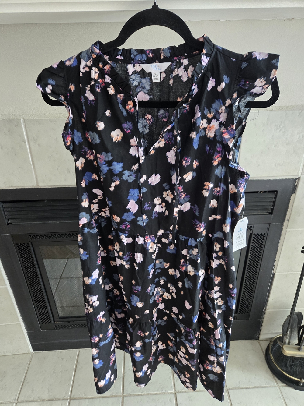 Time and Tru Black Floral Midi Dress with Ruffle Cap Sleeves